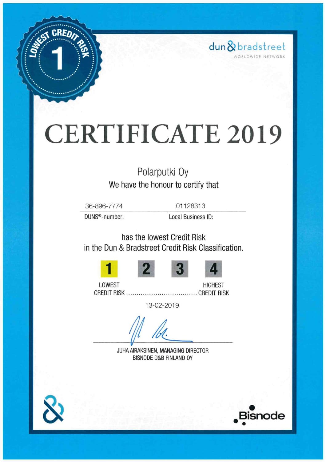 Cover Image for Polarputki Oy on saanut Bisnode D&B:n parhaimman, 1. riskiluokituksen myös vuodelle 2019